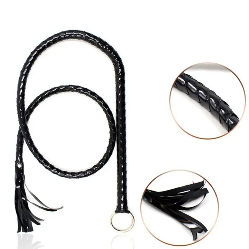Extra Long Black Shiny Leather BDSM Whip 1.4M