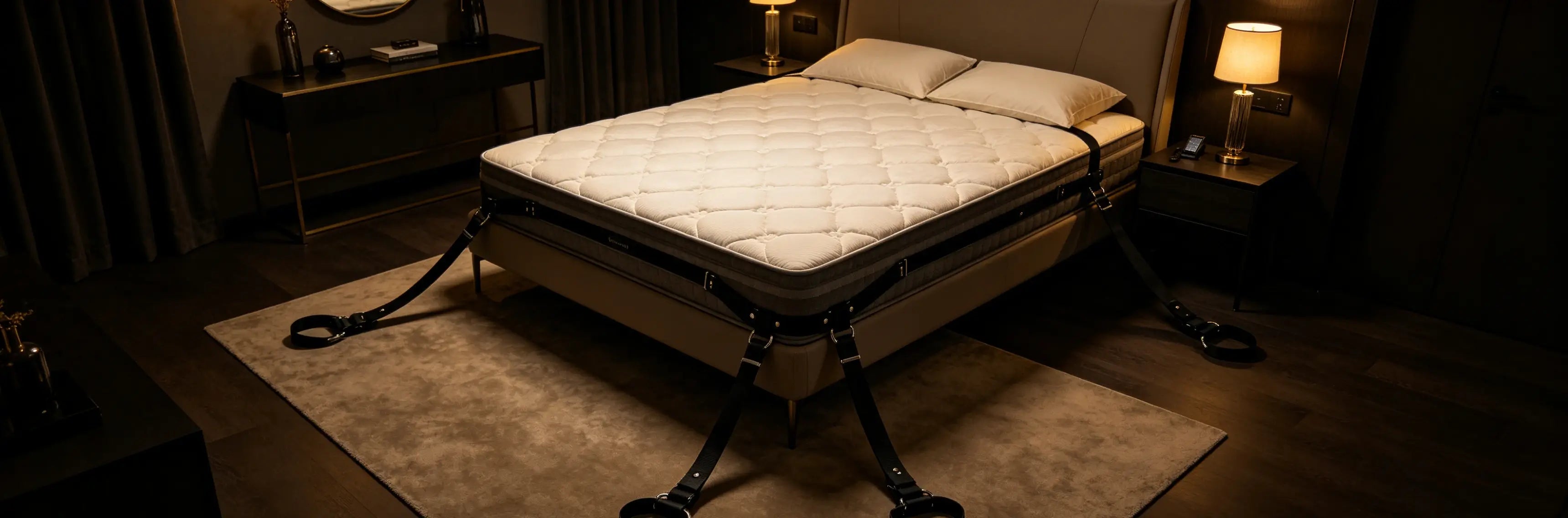 Under bed restraint system setup — Dominitoy 4-point bed bondage for couples