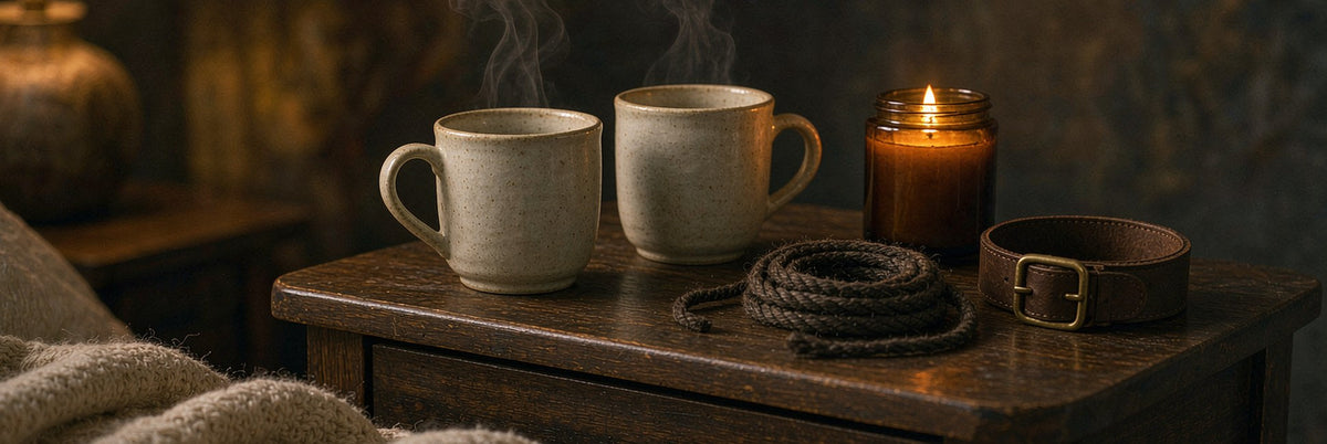 Warm aftercare still life: a cream knit blanket, two mugs of tea, a lit candle, and a neatly coiled rope resting on a dark nightstand
