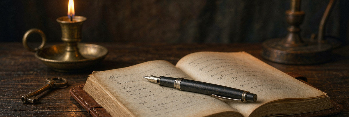 Open leather notebook with a fountain pen, a candle and a small brass key on a dark wooden desk