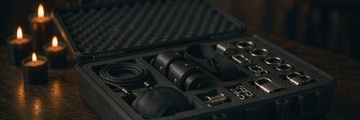 Open matte black storage case revealing a neatly organized BDSM kit in warm amber light