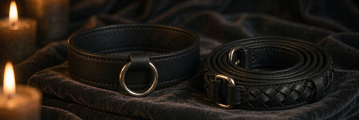 Black leather collar with steel ring beside a coiled matching leash on dark velvet
