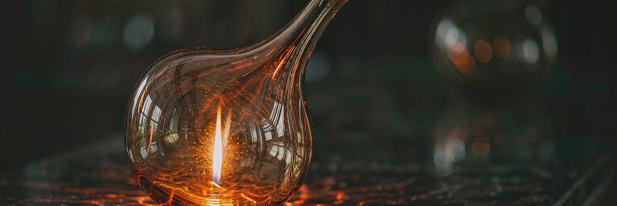 Elegant curved glass sculpture bending warm candlelight on dark polished stone
