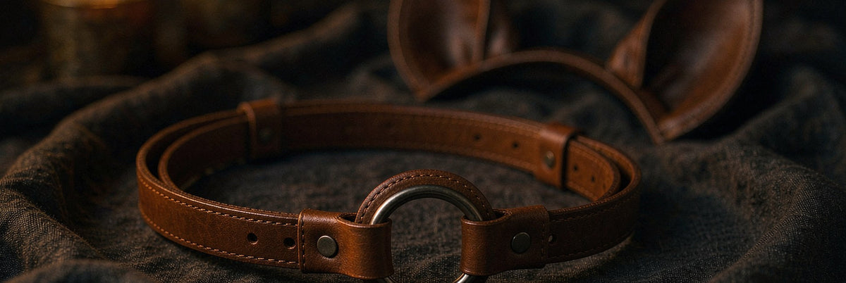 Leather bit gag with straps beside subtle pet-play ears on dark charcoal linen