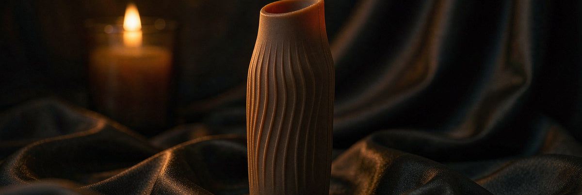 Matte ribbed silicone sleeve standing on draped dark silk in raking amber light