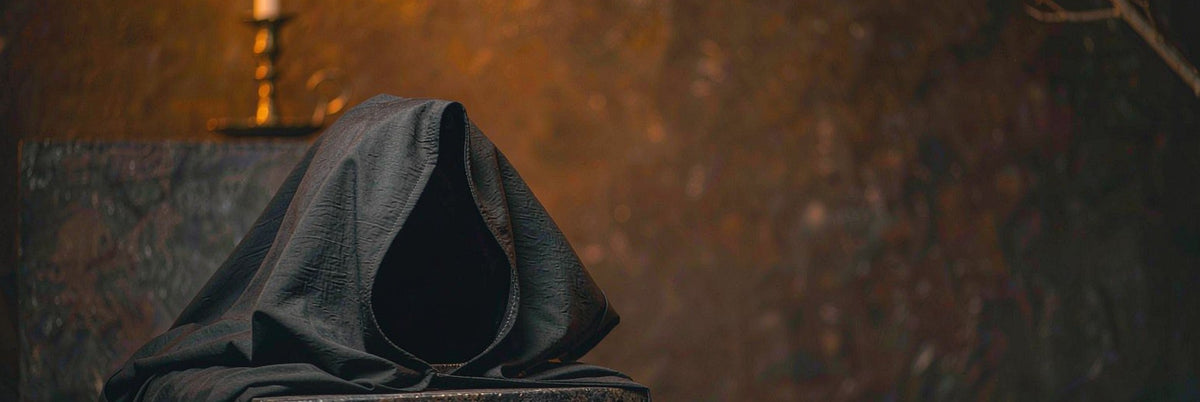 Soft matte black fabric hood on a stone pedestal with candlelight behind it
