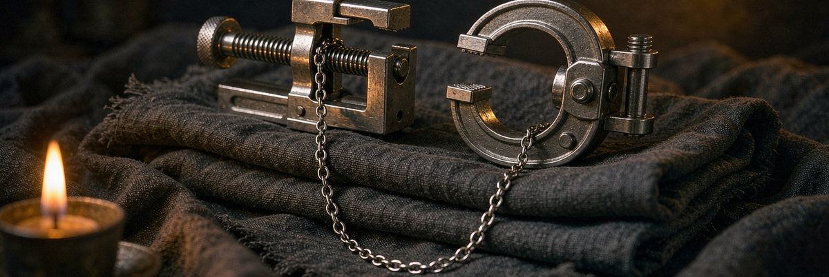 Two delicate steel clamps with a fine silver chain draped over folded grey cloth like jewelry