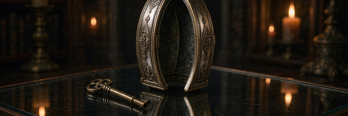 Ornate steel cage device with its key on a black glass mirror, candlelit reflection below