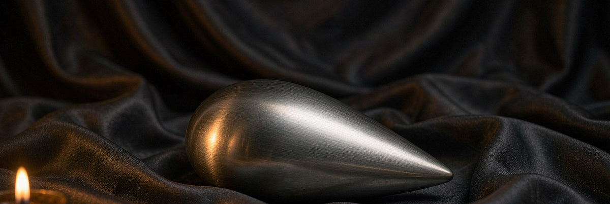 Brushed steel teardrop sculpture on rumpled charcoal silk traced by amber candlelight