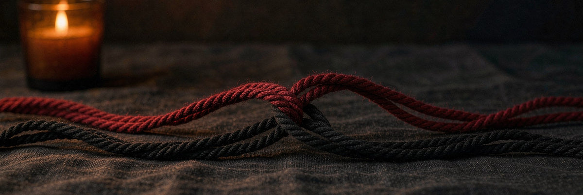 Crimson and matte black cotton ropes loosely intertwined on dark linen in amber light