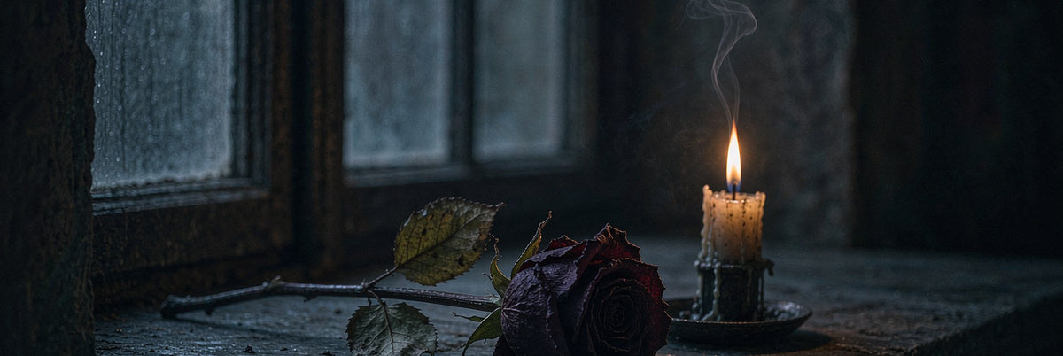 Dark rose on a stone windowsill with a guttering candle and thin smoke in low light