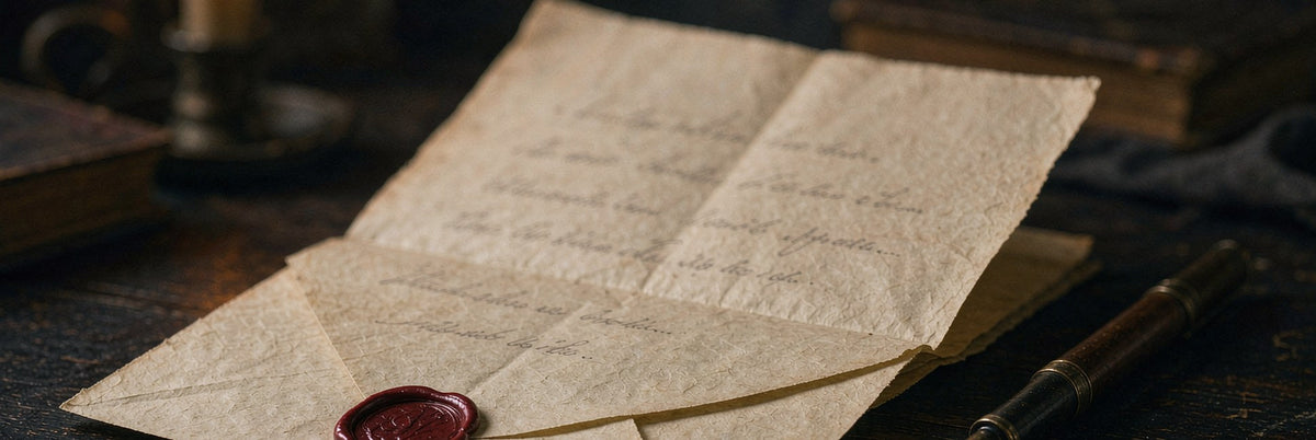 Handwritten letter with red wax seal and fountain pen on a dark desk in candlelight