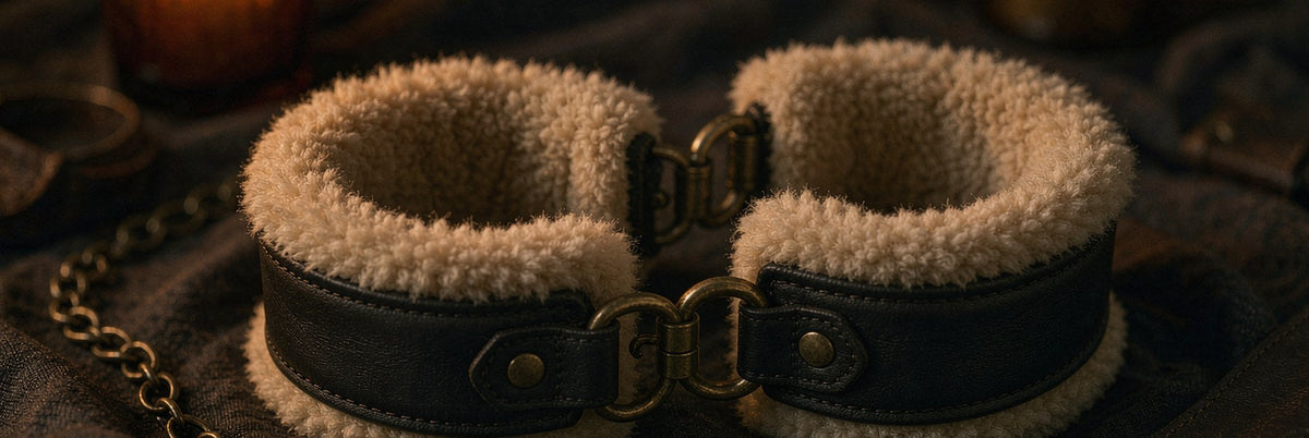 Plush-lined padded handcuffs in cream shearling and black leather resting open on linen