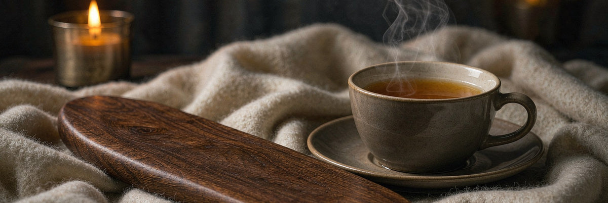 Walnut wood paddle on a folded cream wool blanket beside steaming tea in amber light