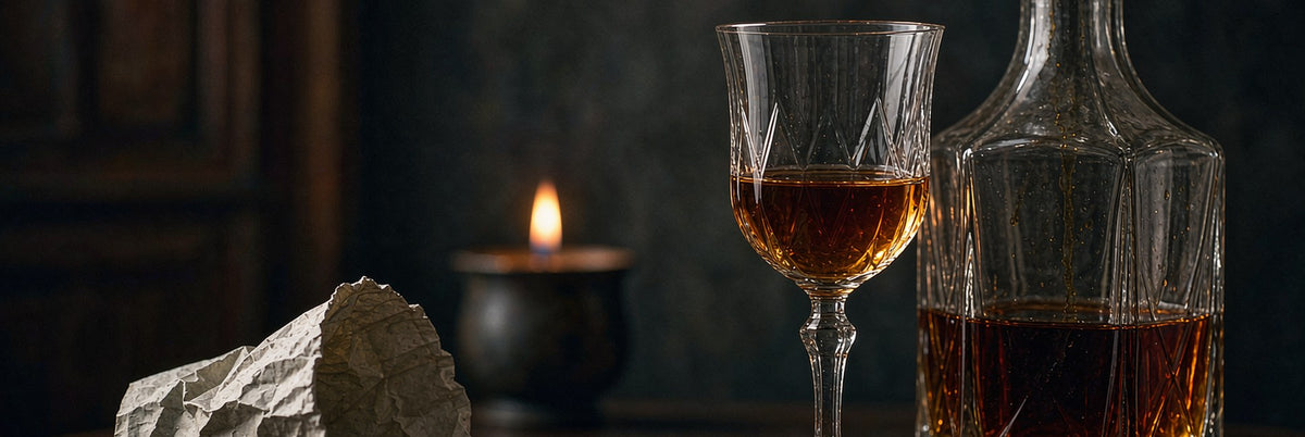 Crystal glass of amber wine and decanter beside a crumpled paper cup on dark wood