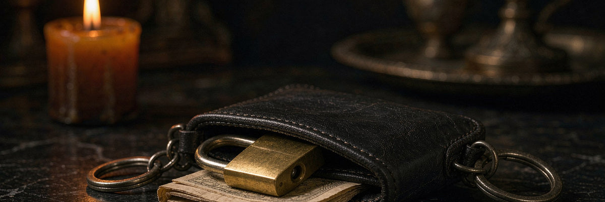 Leather key holder with polished padlock and folded banknote on black marble in candlelight