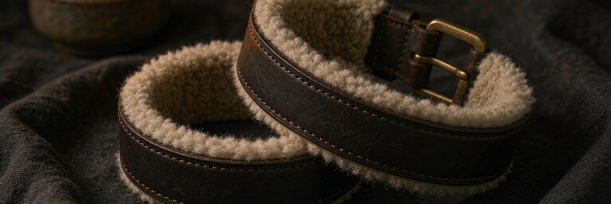 Two plush-lined leather cuffs overlapping softly on charcoal linen in amber light
