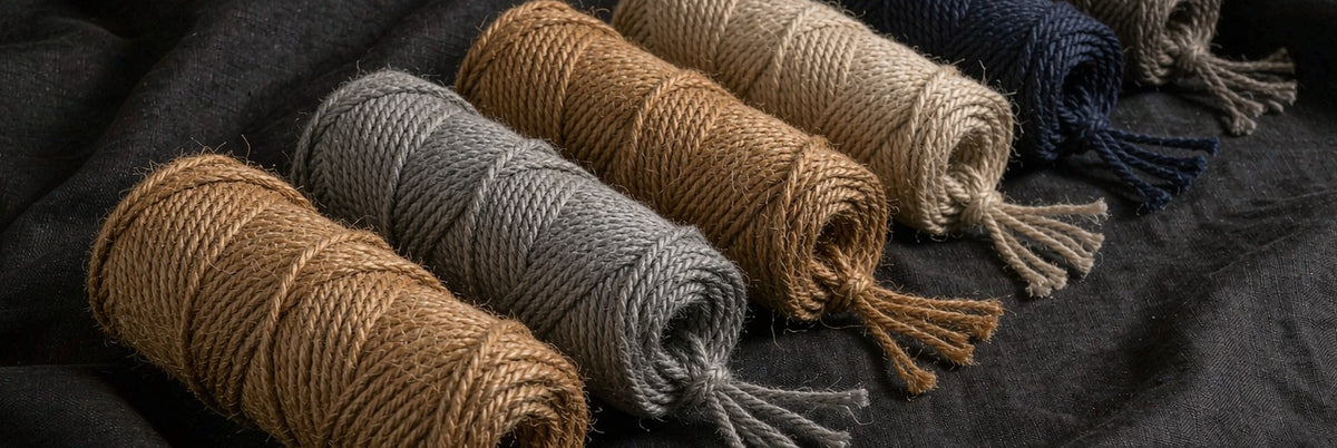 Graduated row of jute, grey and indigo cotton rope coils on dark linen in candlelight