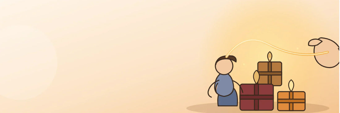 Flat cartoon illustration of a pensive young adult standing among gift boxes, with a gentle hand offering a glowing ribbon — a metaphor for craving guidance, structure, and acceptance.