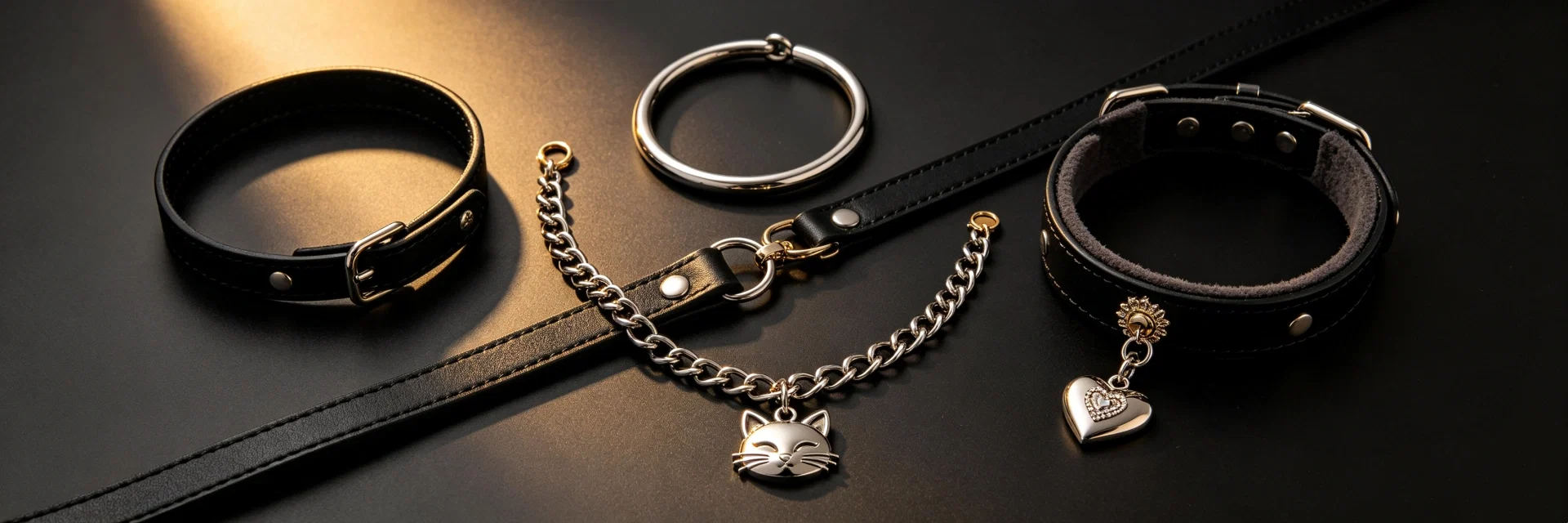 Dominitoy collection of BDSM collars in leather, metal, and padded styles laid out on dark fabric