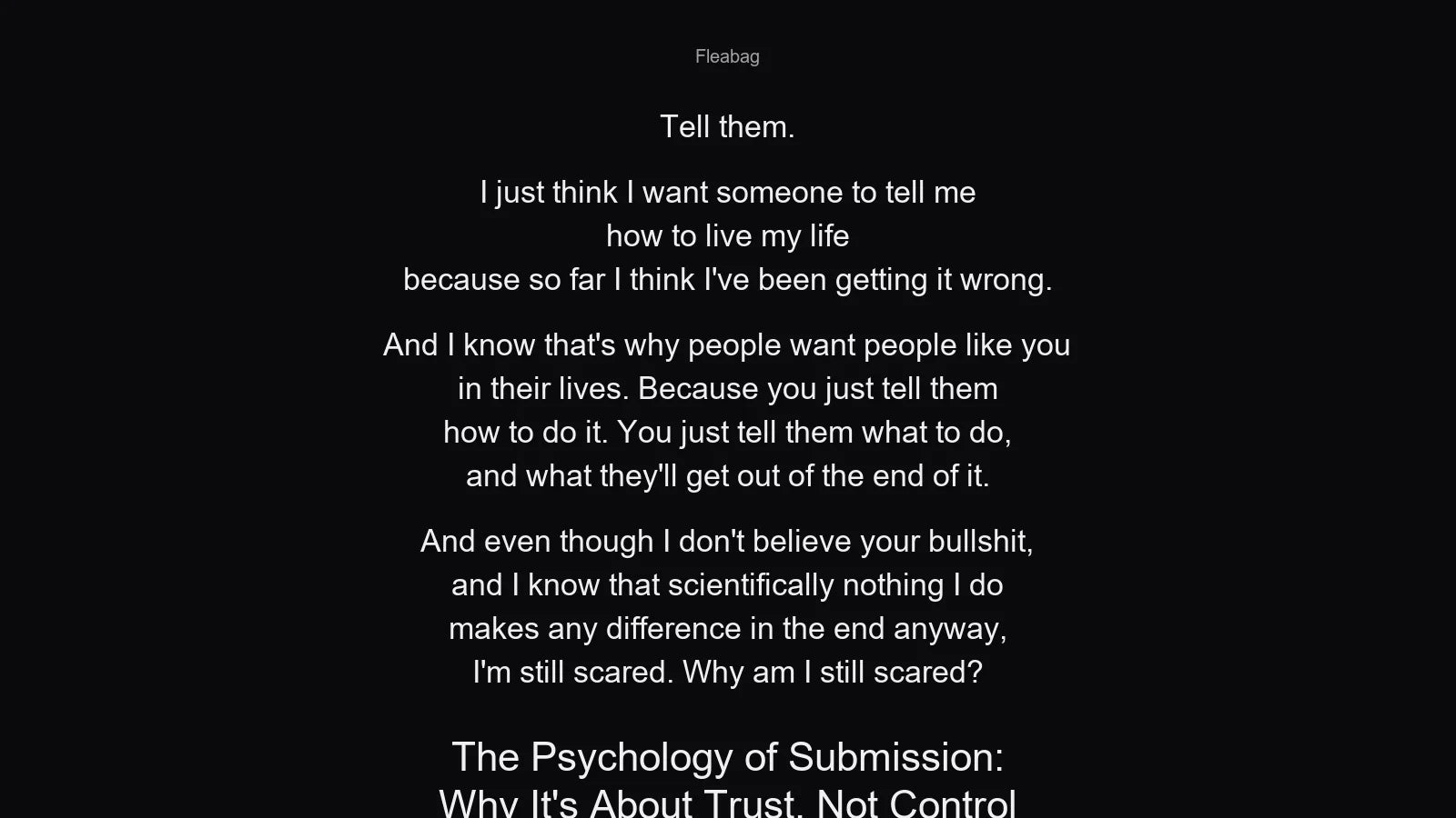 Fleabag quote about trust and submission in a Dominitoy blog banner — white text on black background