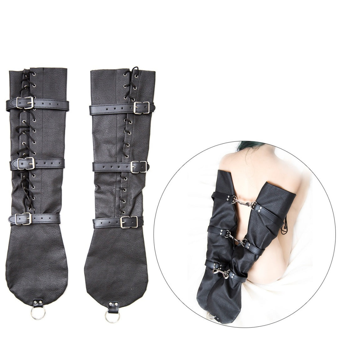 Black Leather Arm Binder Cuffs - Adjustable BDSM Restraints