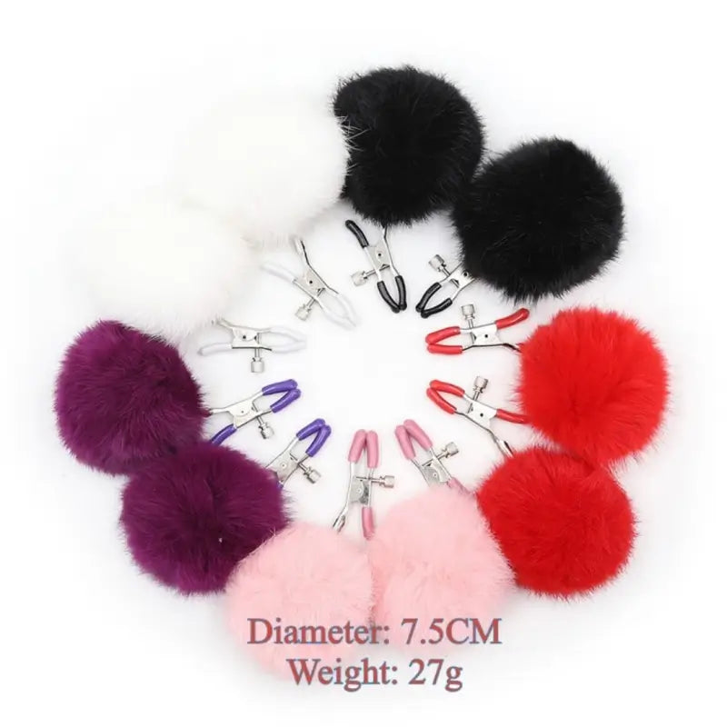 Faux-Fur Pom Pom Nipple Clamps — Silicone-Tip Metal Clamps