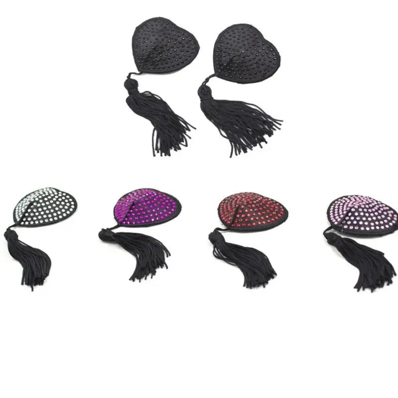 Rhinestone Heart Nipple Covers with Tassels - Reusable Crystal Pasties