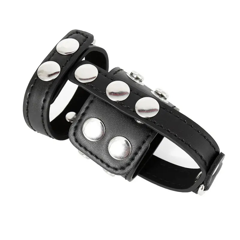 Black leather chastity cage with dual cuffs hero view - Dominitoy 212421007