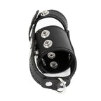 Black leather chastity cage side view stitching detail - Dominitoy 212421007