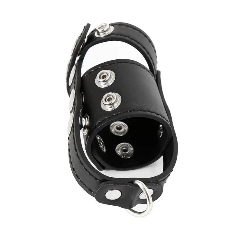 Black leather chastity cage side view stitching detail - Dominitoy 212421007