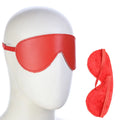 Red plush blindfold with lace bow worn by model - Dominitoy 232001004