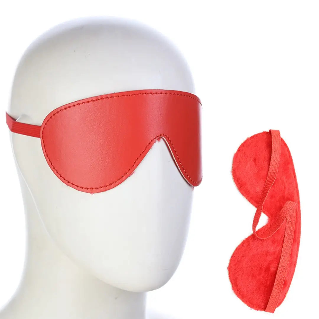 Red plush blindfold with lace bow worn by model - Dominitoy 232001004