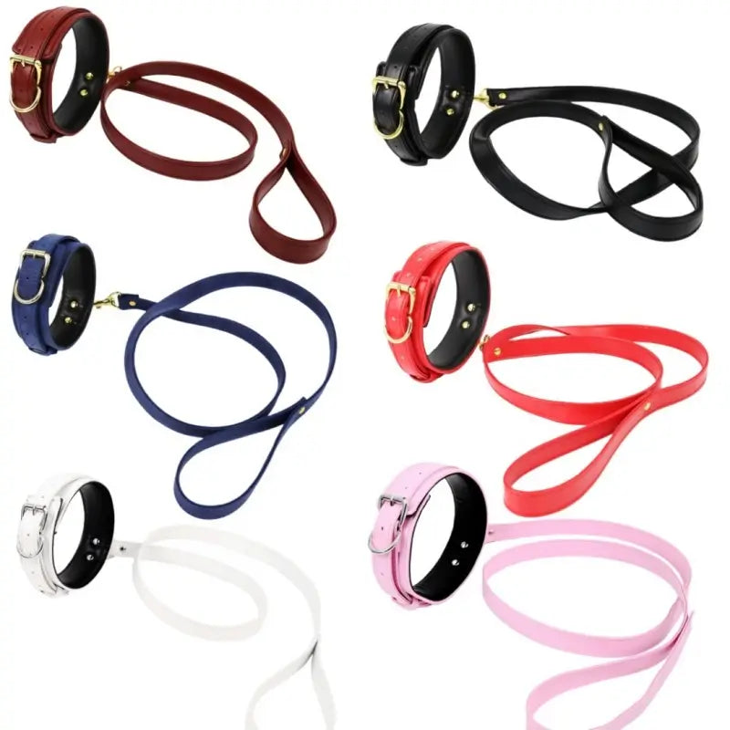 PU Leather BDSM Collar and Leash Set, Adjustable Padded Neck