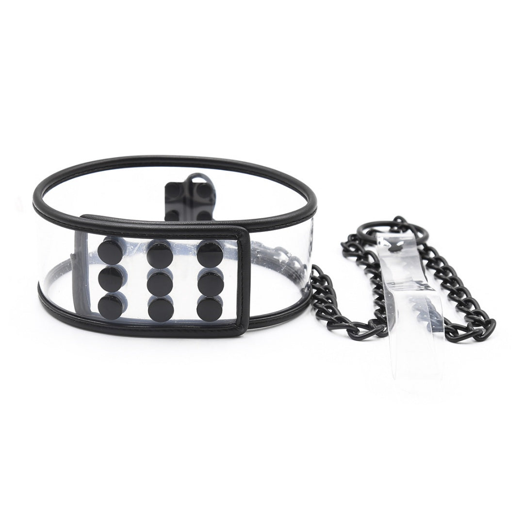 Clear PVC collar with black chain leash hero view - Dominitoy 252401233