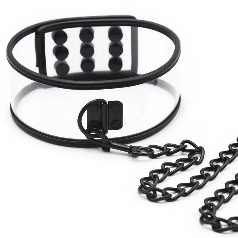 Clear pet play collar O-ring and chain clasp detail - Dominitoy 252401233