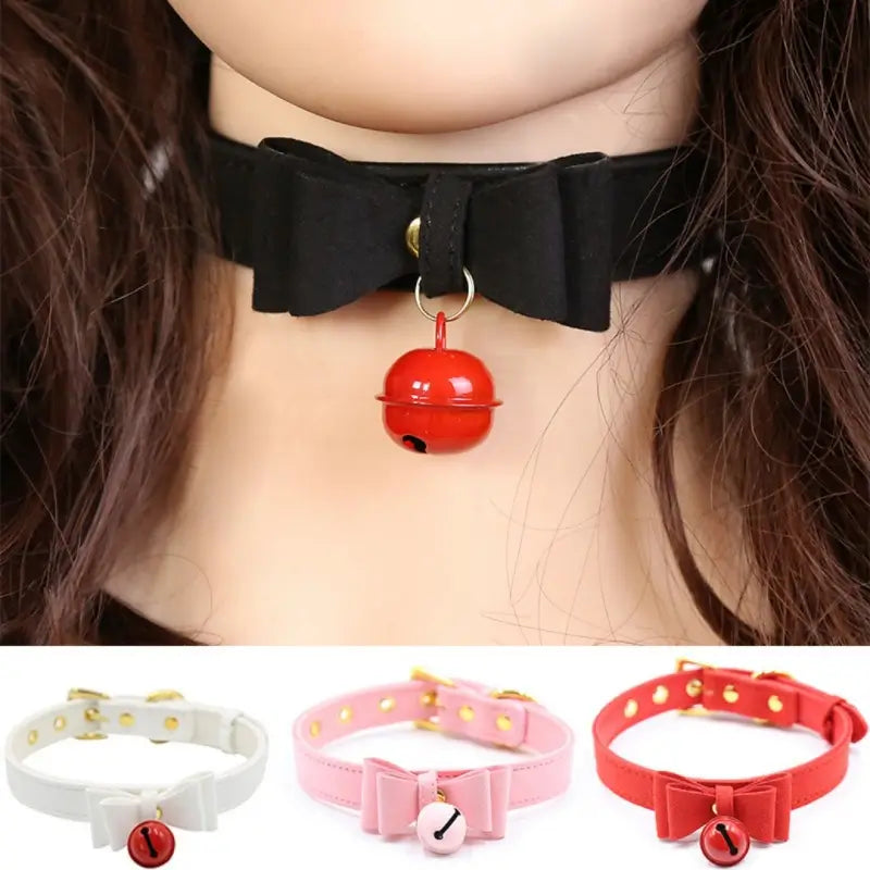 Kawaii Bow Bell Day Collar – Adjustable Soft PU, Gold Hardware