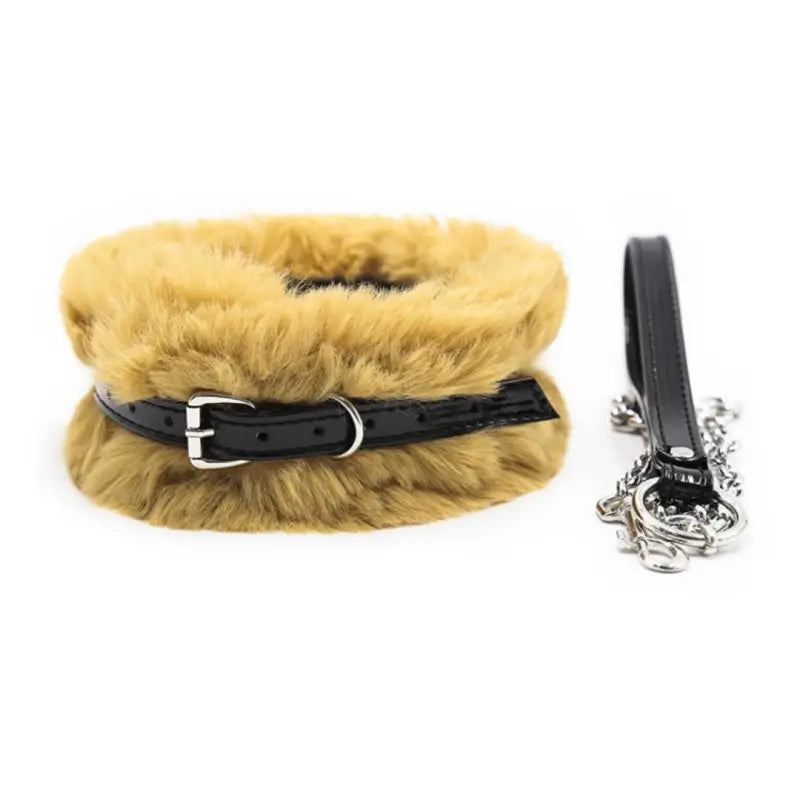 Plush Faux-Fur Adjustable Collar with Detachable Metal Chain Leash