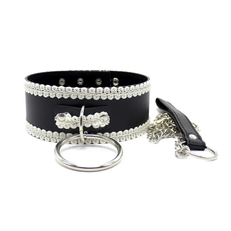 Black Leather BDSM Collar with White Lace Trim & Leash