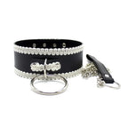 Black Leather BDSM Collar with White Lace Trim & Leash