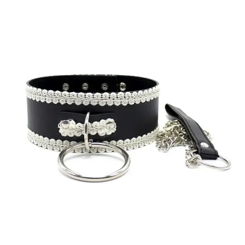Dominitoy Black Black Leather BDSM Collar with White Lace Trim & Leash