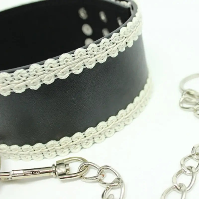 Black Leather BDSM Collar with White Lace Trim & Leash