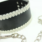 Black Leather BDSM Collar with White Lace Trim & Leash