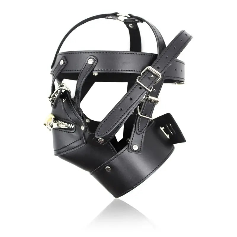 Leather BDSM Hood Lockable Head Harness Full Face Mask Restraint