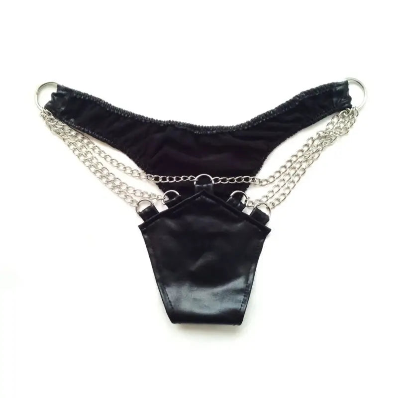 Patent-Look Faux Leather Thong with Triple Chain Detail — Edgy Boudoir
