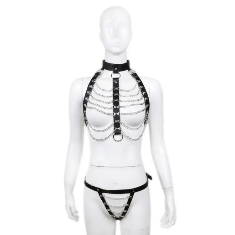 Leather Chain Harness & Panty Set – Adjustable BDSM Lingerie for Fetish Play
