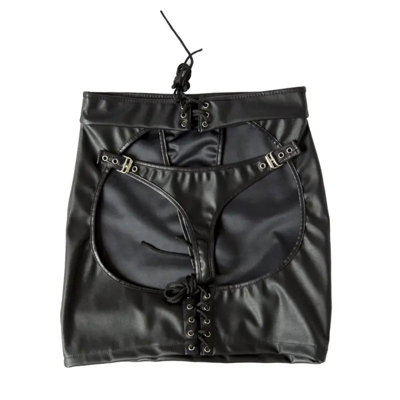 Sexy Faux Leather Crotchless Garter Skirt — Adjustable Buckles & Lace-Up