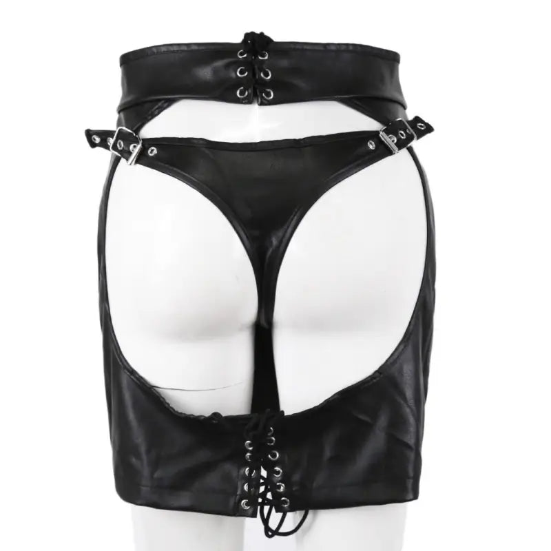 Sexy Faux Leather Crotchless Garter Skirt — Adjustable Buckles & Lace-Up