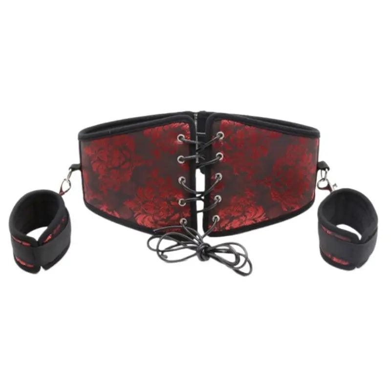Red Brocade Corset Belt + Detachable Cuffs – Chinese Floral Cincher