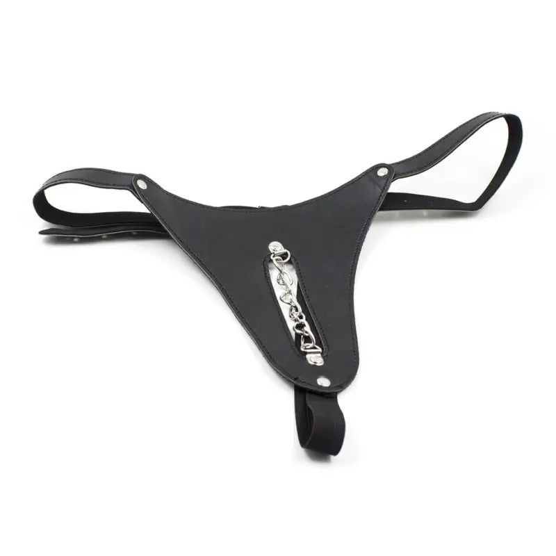 Leather Low-Rise Thong with Slim Chain — Adjustable Faux-Leather Fit